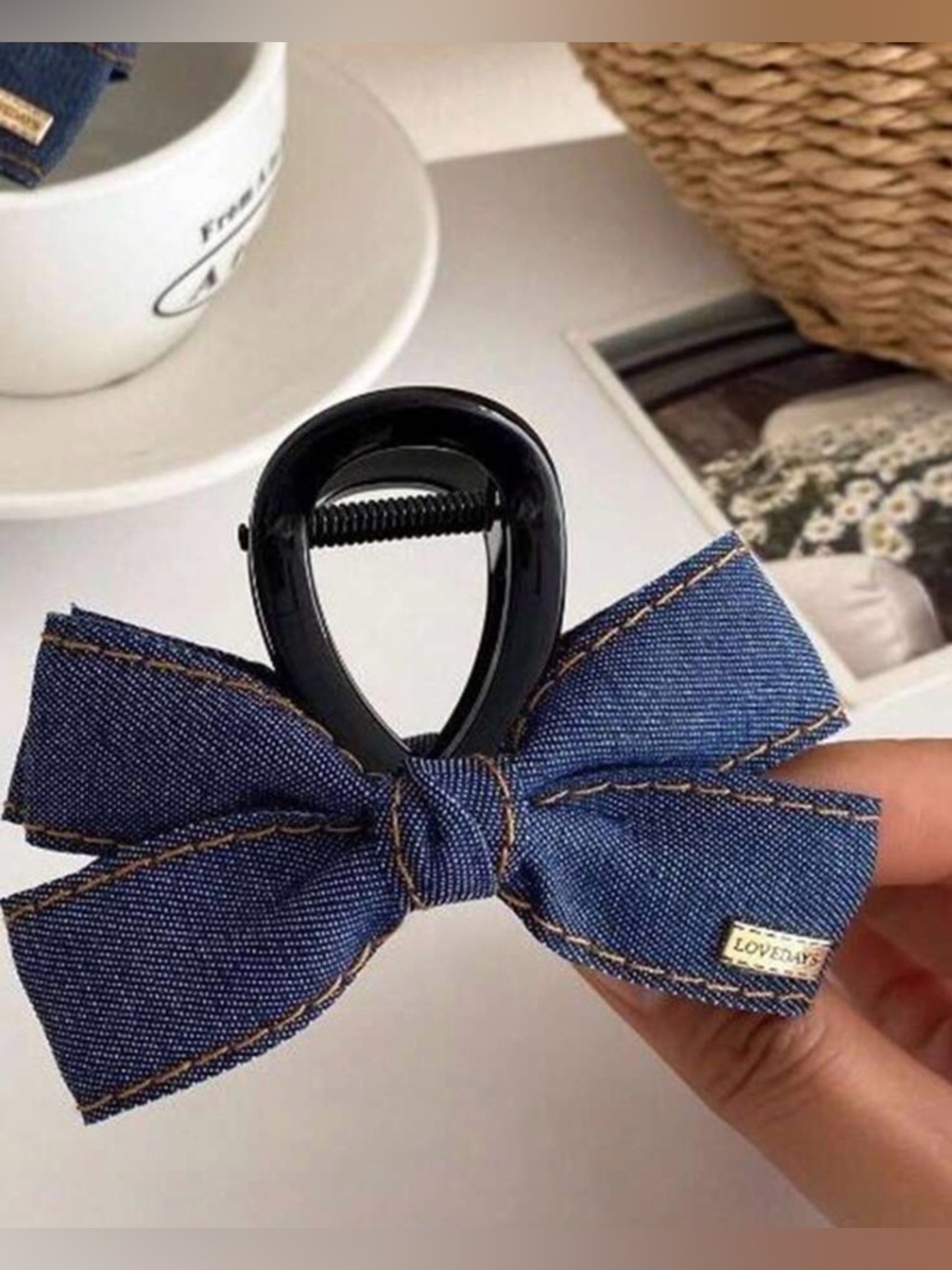 Denim Hair Claw Bow chambray clip accessory blue ribbon barrette western jeans